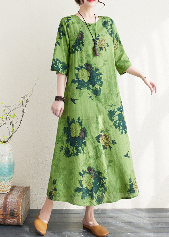 Women Green Print Chinese Button Linen A Line Dress Summer