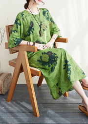 Women Green Print Chinese Button Linen A Line Dress Summer