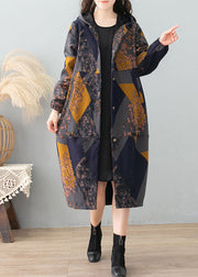Women Green Print Hooded Patchwork Thick Cotton Trench Winter