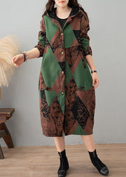 Women Green Print Hooded Patchwork Thick Cotton Trench Winter