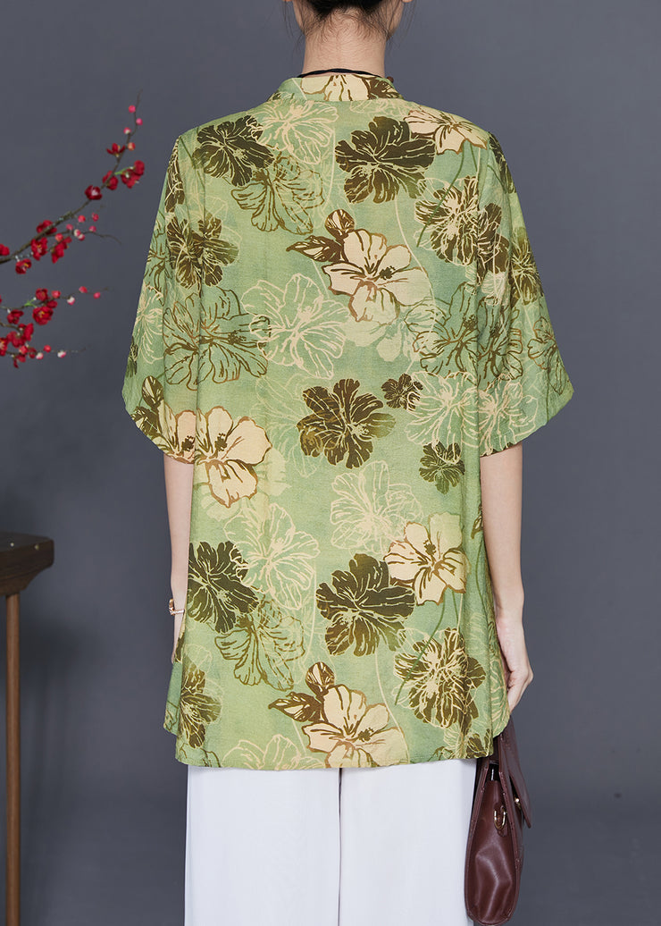 Women Green Print Low High Design Cotton Blouses Summer