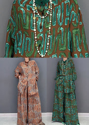 Women Green Print Oversized Side Open Silk Two Piece Set Spring