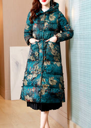 Women Green Print Pockets Chinese Button Duck Down Puffers Coat Winter