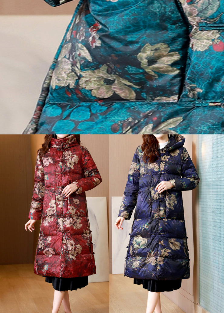 Women Green Print Pockets Chinese Button Duck Down Puffers Coat Winter