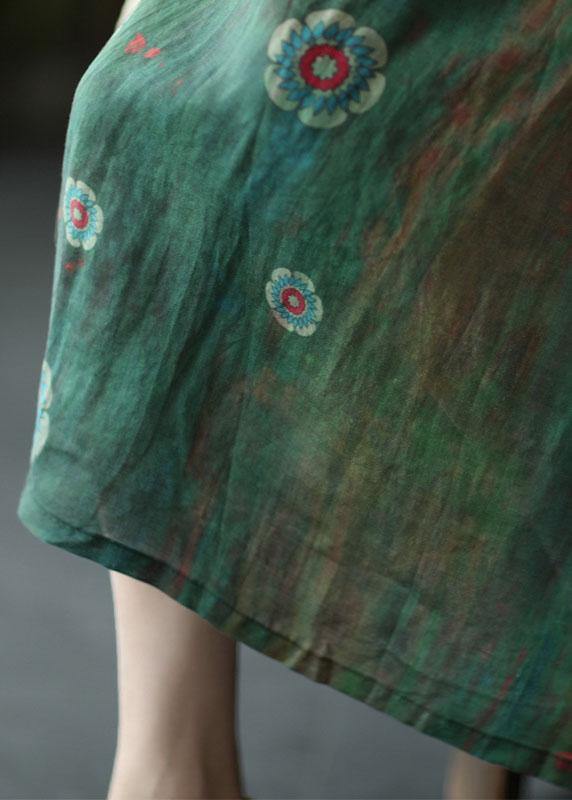 Women Green Print Ramie Elastic Waist Skirt - SooLinen