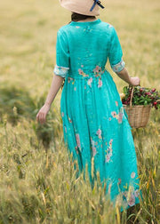 Women Green Print Robes Patchwork Drawstring Robe Spring Dress - SooLinen