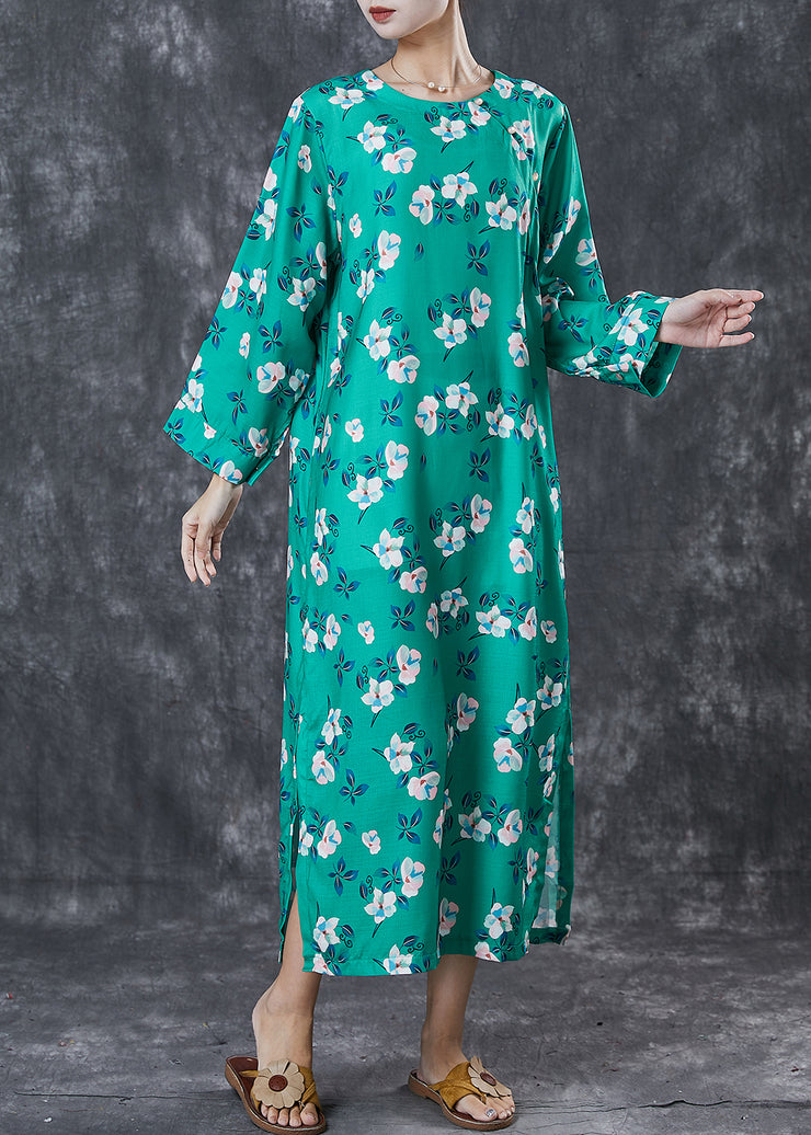 Women Green Print Side Open Cotton Long Dresses Spring