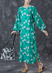 Women Green Print Side Open Cotton Long Dresses Spring
