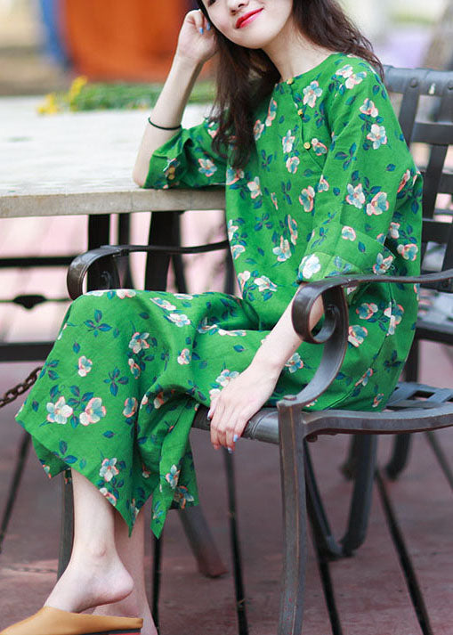 Women Green Print Side Open Linen Long Dress Spring