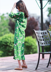 Women Green Print Side Open Linen Long Dress Spring
