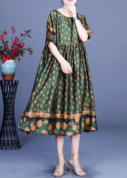 Women Green Print Silk Cinched Dress Summer - SooLinen