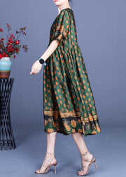 Women Green Print Silk Cinched Dress Summer - SooLinen