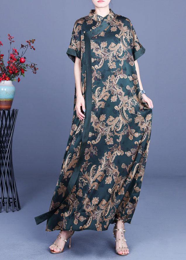 Women Green Print Silk Oriental Vacation Dresses Summer - SooLinen