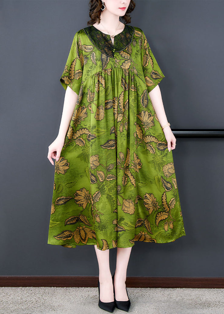 Women Green Print Wrinkled Patchwork Silk Long Dress Summer