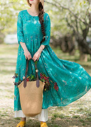 Women Green Print dresses O-Neck Patchwork A Line Spring Dresses - SooLinen
