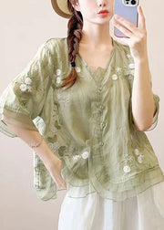 Women Green Ruffled Embroidered Patchwork Linen Blouse Top Summer