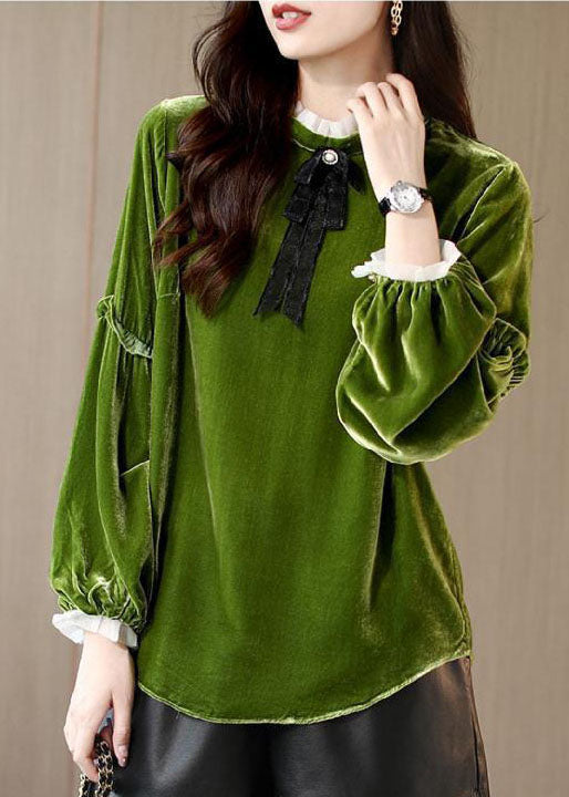 Women Green Ruffled Patchwork Velour Shirt Top Spring