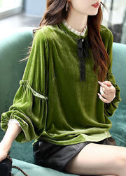 Women Green Ruffled Patchwork Velour Shirt Top Spring