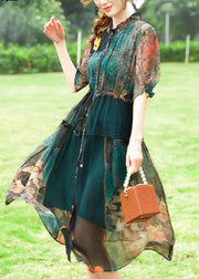 Women Green Ruffled Print Silk Cinched Dresses Summer