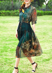 Women Green Ruffled Print Silk Cinched Dresses Summer