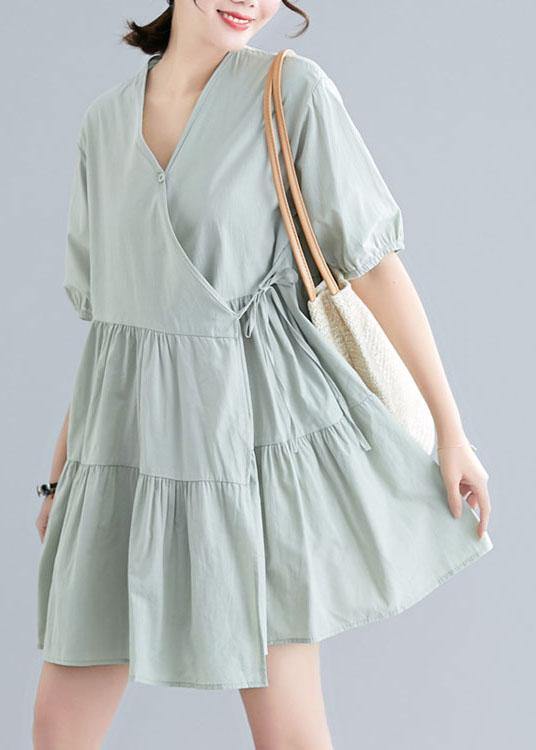 Women Green Short Sleeve A Line Dress Cotton - SooLinen