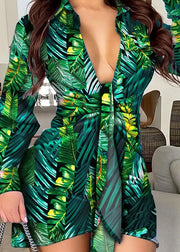 Women Green Slim Fit V Neck Print Sexy Dresses Long Sleeve