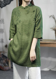 Women Green Stand Collar Embroidered Linen Tops Half Sleeve
