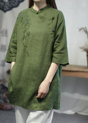 Women Green Stand Collar Embroidered Linen Tops Half Sleeve