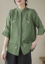 Women Green Stand Collar Embroidered Patchwork Linen Tops Summer