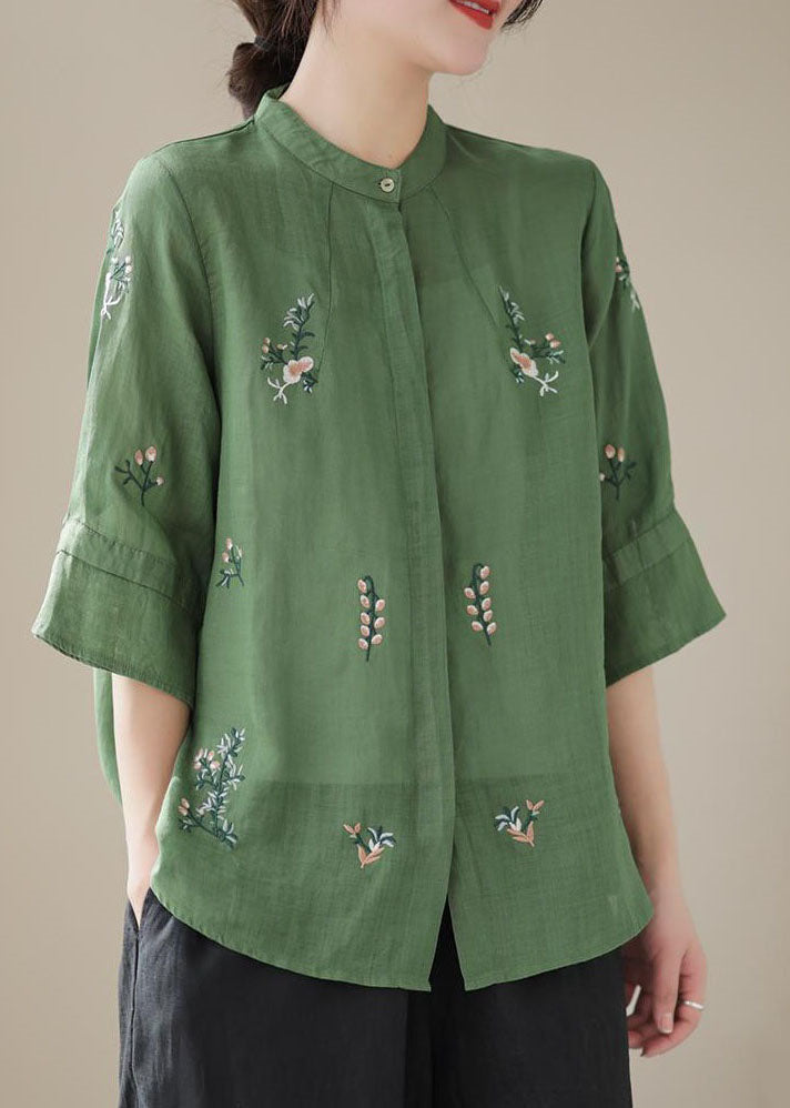 Women Green Stand Collar Embroidered Patchwork Linen Tops Summer