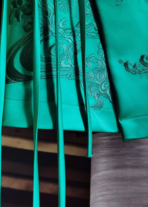 Women Green Stand Collar Embroidered Patchwork Silk Vest Sleeveless