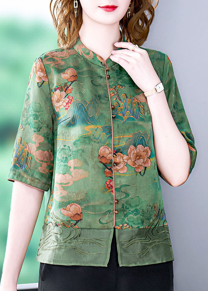 Women Green Stand Collar Embroidered Print Button Silk Blouse Tops Half Sleeve