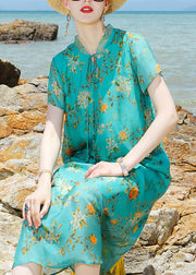 Women Green Stand Collar Lace Up Print Silk A Line Dress Short Sleeve
