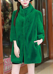 Women Green Stand Collar Oversized Fuzzy Fur Fluffy Coats Bracelet Sleeve