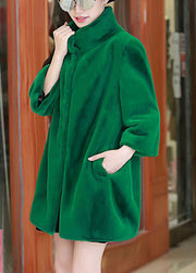 Women Green Stand Collar Oversized Fuzzy Fur Fluffy Coats Bracelet Sleeve