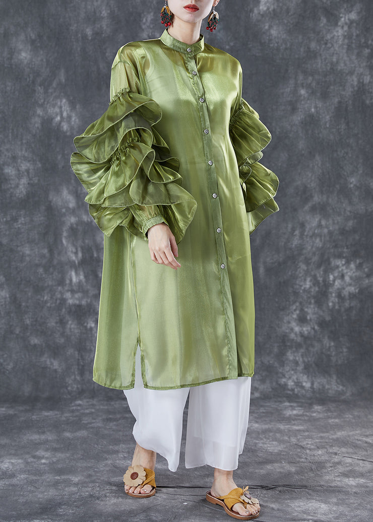Women Green Stand Collar Patchwork Chiffon Holiday Dress Summer