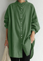 Women Green Stand Collar Patchwork Cotton Shirt Tops Spring