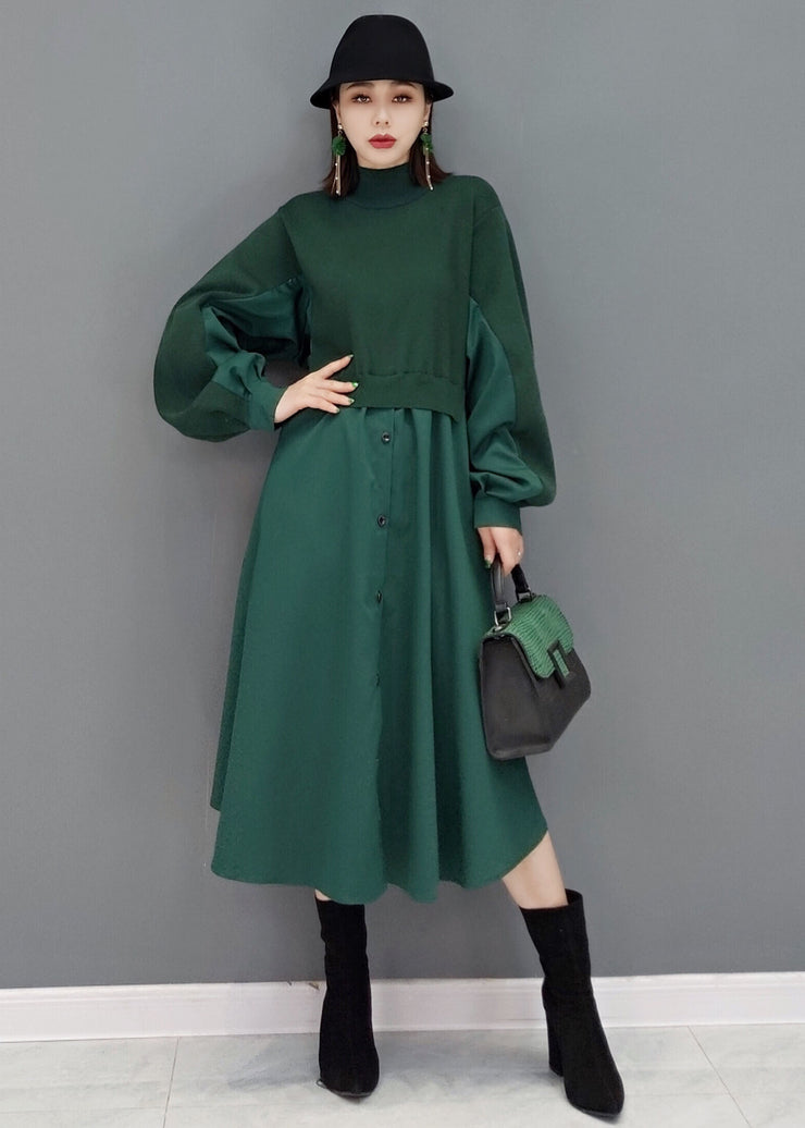 Women Green Stand Collar Patchwork Knit Cotton Shirt Dress Long Sleeve