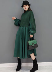 Women Green Stand Collar Patchwork Knit Cotton Shirt Dress Long Sleeve