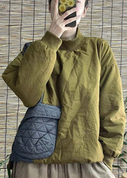 Women Green Stand Collar Pocket Patchwork Fine Cotton Filled Parkaer Winter