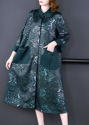 Women Green Stand Collar Pockets Print Silk Trench Spring