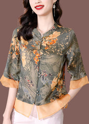 Women Green Stand Collar Tulle Patchwork Print Silk Shirt Tops Half Sleeve