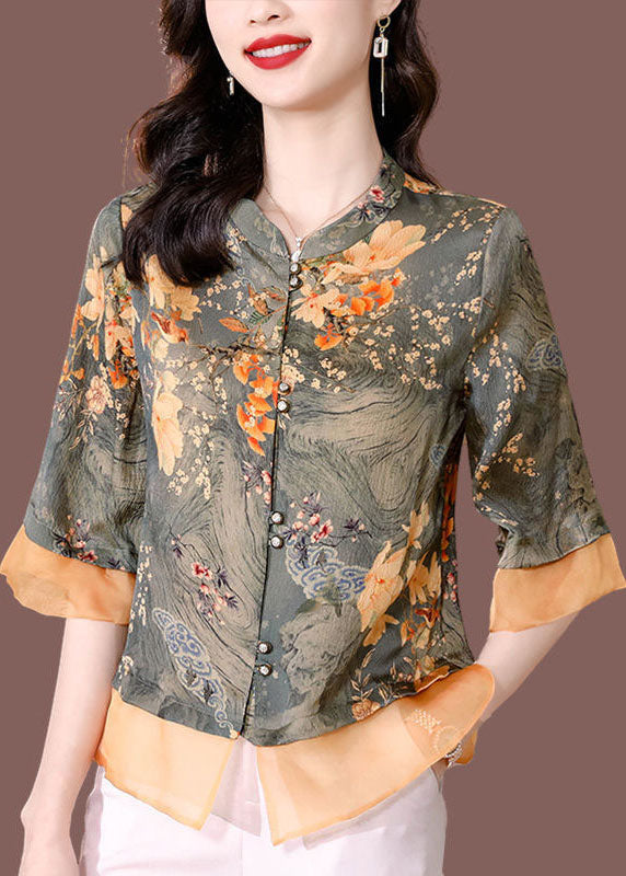 Women Green Stand Collar Tulle Patchwork Print Silk Shirt Tops Half Sleeve