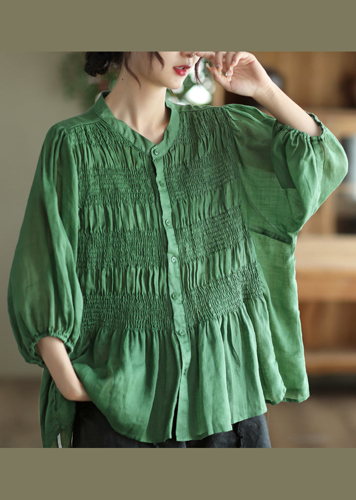 Women Green Stand Collar Wrinkled Patchwork Cotton Shirt Summer