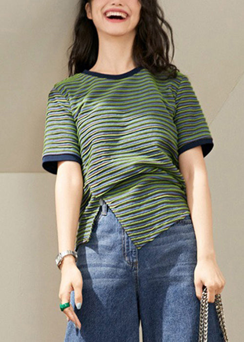 Women Green Striped Side Open Knitting Cotton T Shirt Summer