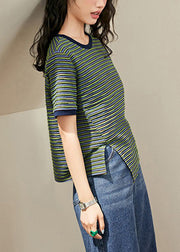 Women Green Striped Side Open Knitting Cotton T Shirt Summer