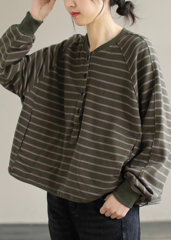 Women Green Striped Tops Women Blouses O Neck Plus Size Clothing Spring Shirt - SooLinen