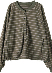 Women Green Striped Tops Women Blouses O Neck Plus Size Clothing Spring Shirt - SooLinen