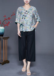 Women Green Tie Dye Chinese Button Linen Shirt Top Summer