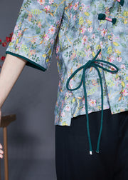 Women Green Tie Dye Chinese Button Linen Shirt Top Summer
